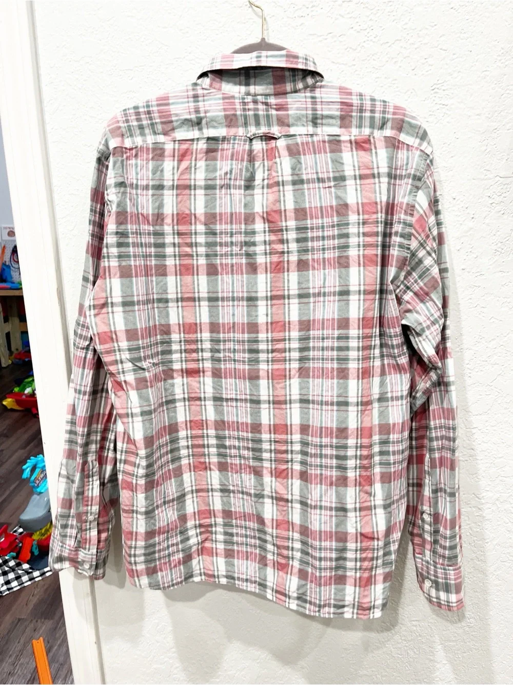 J. Crew Indian Madras Shirt Men's Large Pink Gray Plaid Woven Preppy Long Sleeve